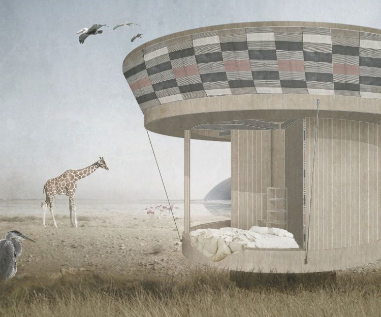 žirafa a exotické vtáky okolo okrúhleho kruhu s africkým okolím ako pôdorysom