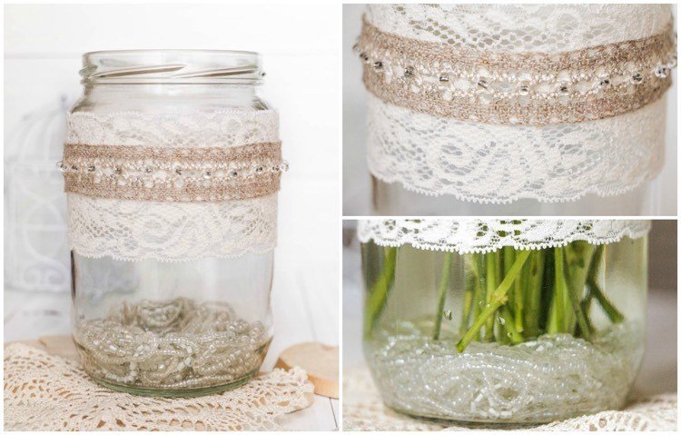 dekorácia stola-rustikálna-urob si sám-váza-sklenené-čipkované korálky
