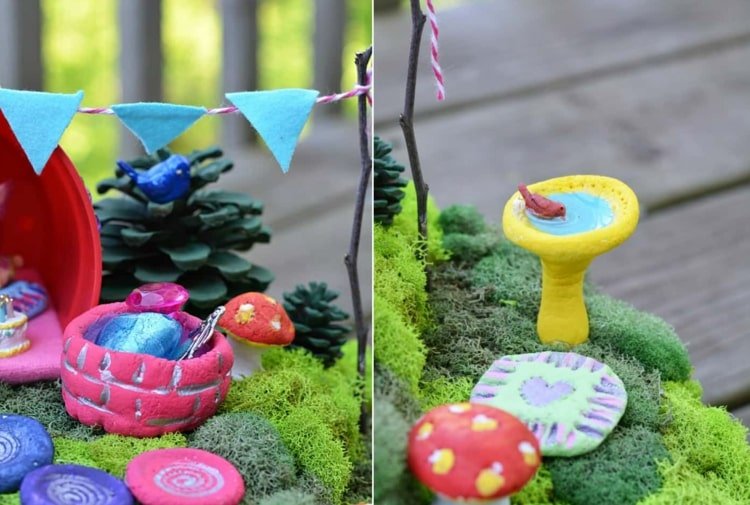 Vtáčie kúpele a drotár so slaným cestom - nápady pre rozprávkovú záhradu v miske