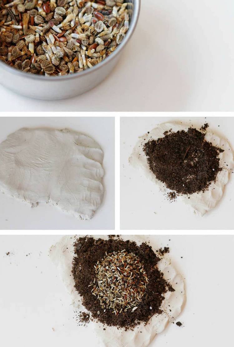 Vyrobte si semienkové bomby, semienka, hlinená zmesová guľa