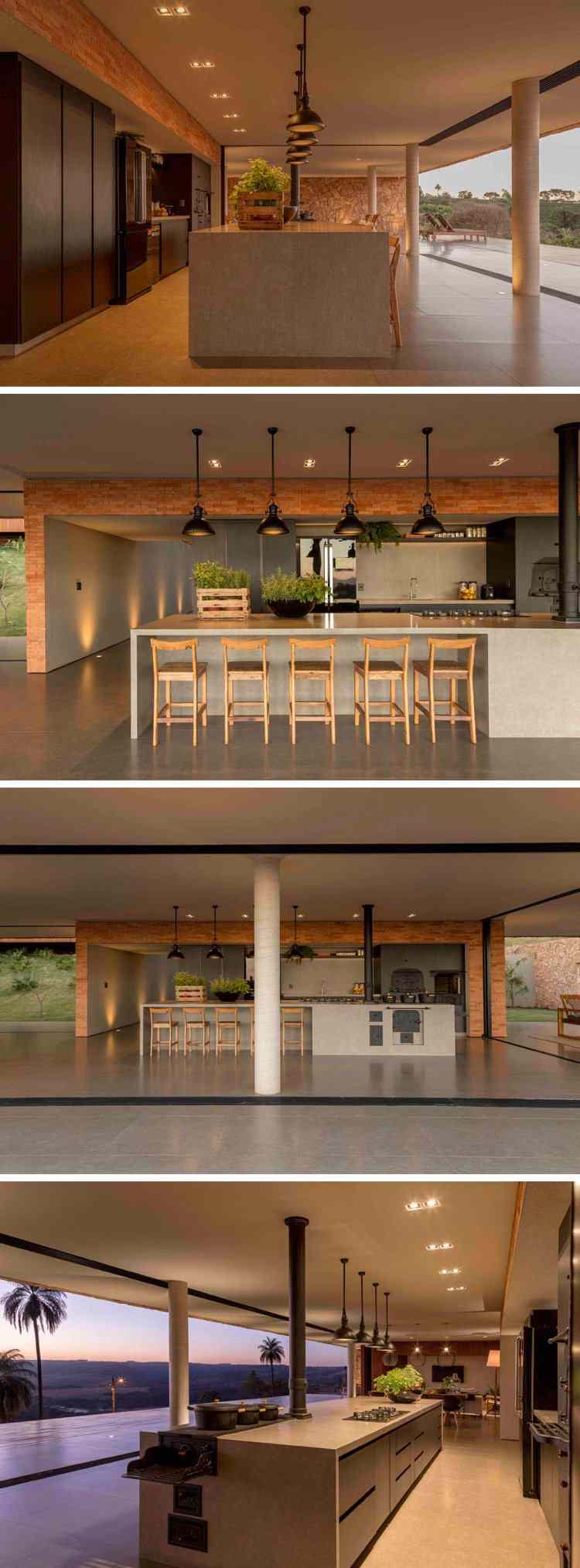 otvorená kuchyňa ostrov sivá dlažba vintage liata rúra