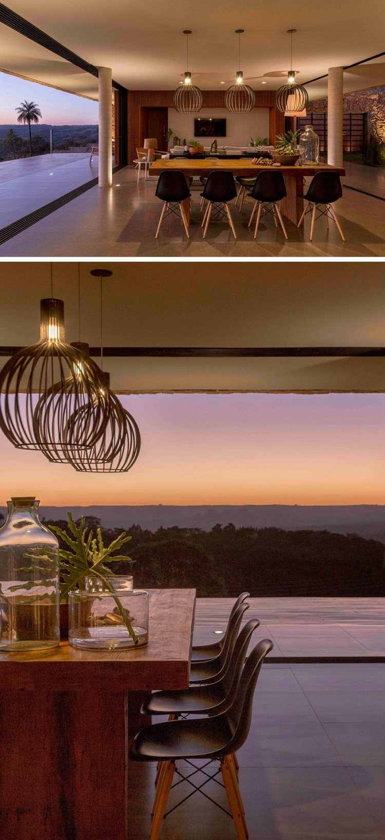 Jedálenský stôl jedálenský stôl z masívu, čierne stoličky, závesné svetlá