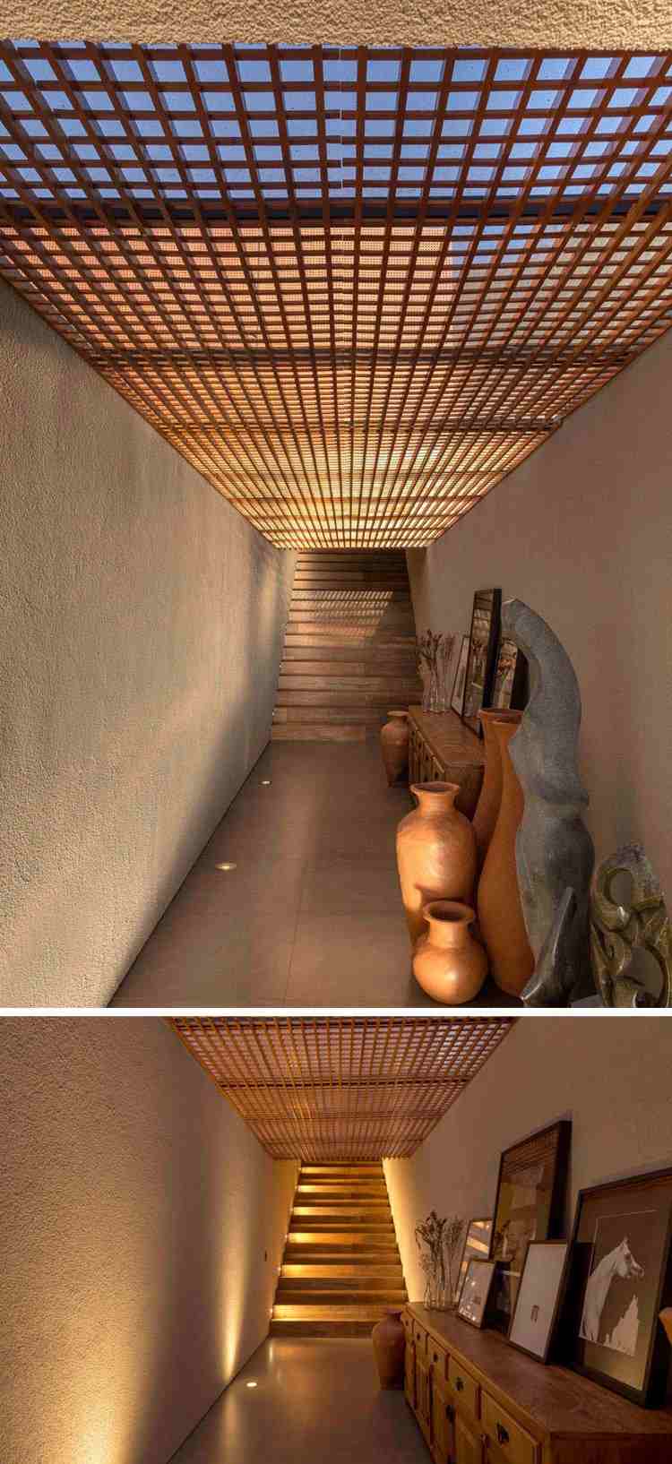 Dizajn chodby Drevené priehradové stropné podlahové osvetlenie Umelecké diela