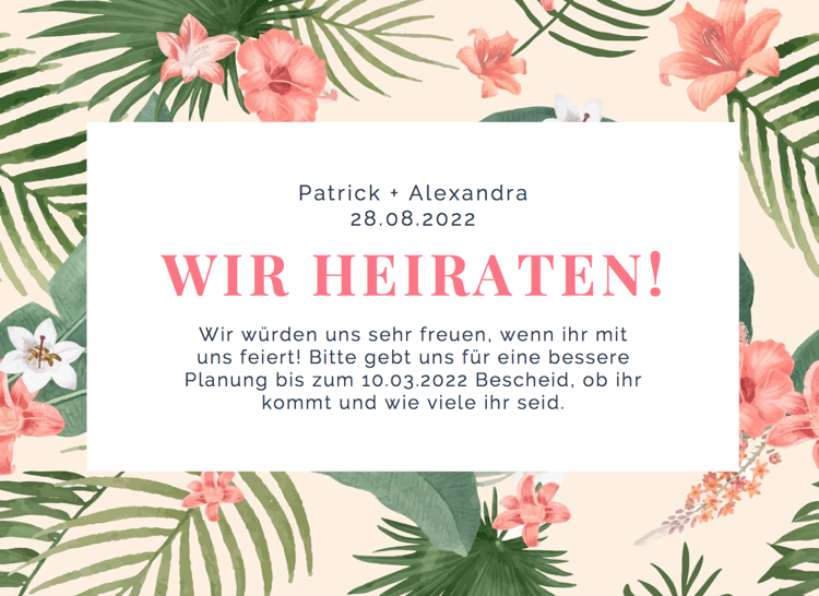 Uložte dátumové karty Text Tropický vzhľad Letné svadobné kvety palmy