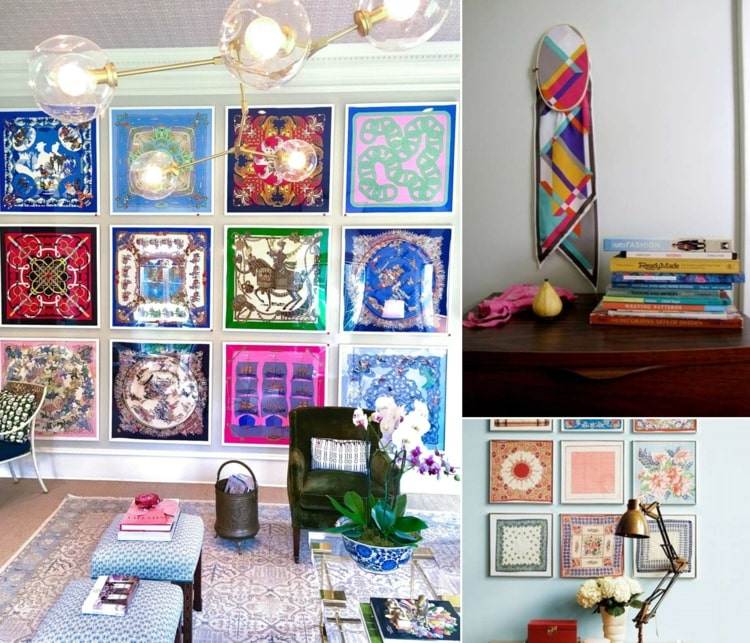 Nápad na nástennú výzdobu so štvorcovými šatkami alebo dlhou šatkou v vyšívacom ráme