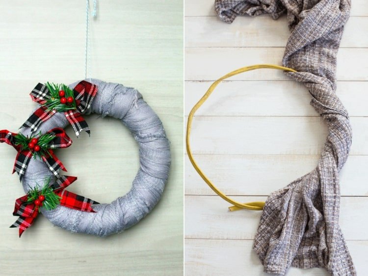 Zimný veniec vyrobený z lanka so zimnou šatkou, mašličkami a jedľovou zeleňou