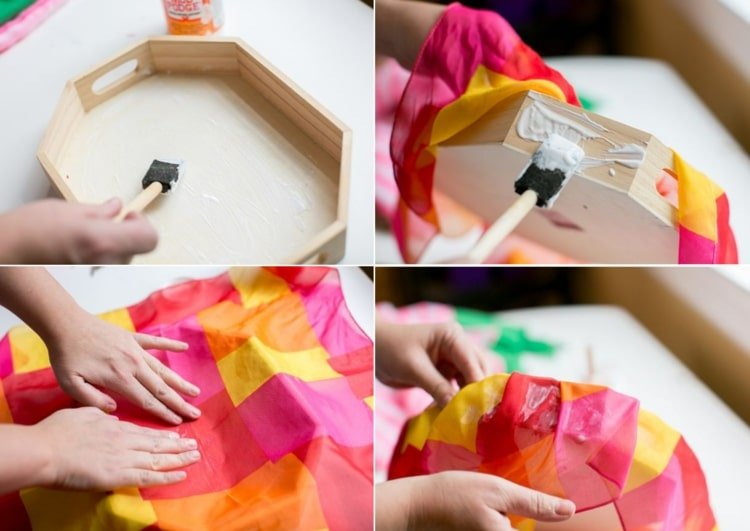 Podnos potrite Mod Podge a prikryte hodvábnou šatkou