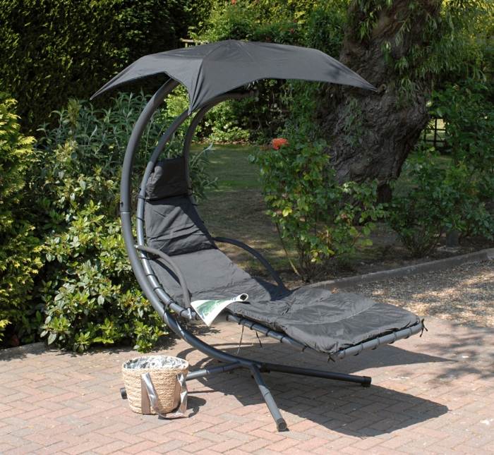 ležadlo v ZÁHRADE čierne hojdacie lehátko so slnečníkom