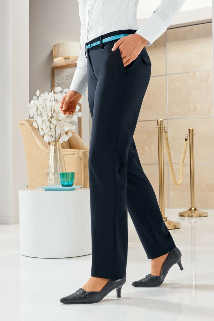 čierne dámske nohavice s modrým opaskom cez pracovnú linku na Dámske nohavice-cez-pracovný pás-s-opaskom