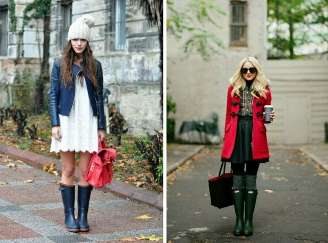 trendové gumáky k rôznym outfitom červený kabát bunda čipkované šaty kožená bunda