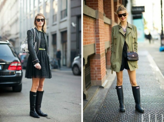 športové alebo elegantné oblečenie s gumovými čižmami čierne-gumové-čižmy-bundy-malá-kabelka