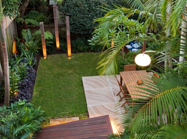 Obrazovka ochrany súkromia na trávniku, vysoké stromy, posedenie, jedálenský kút