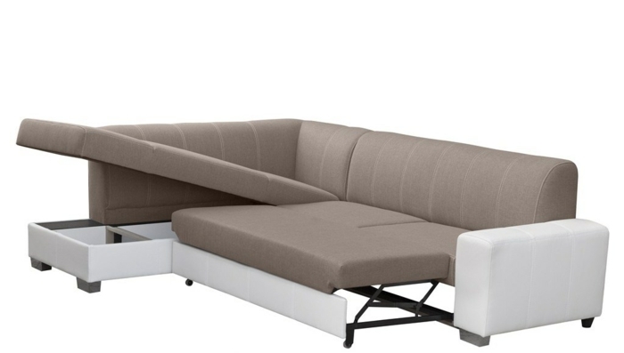 Rozkladacia pohovka v béžovej farbe s boxom na posteľ