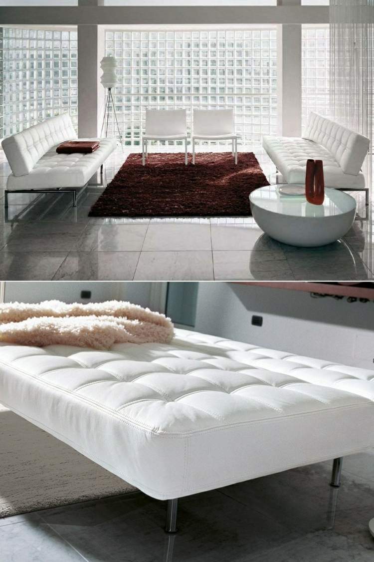 Rozkladacie pohovky malá obývačka kompletne biela koža moderná obývačka