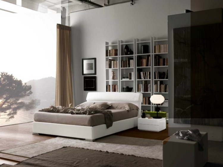 Nápady do spálne 2015 knižná polica za posteľové závesy neutrálne farby tmavá ružová