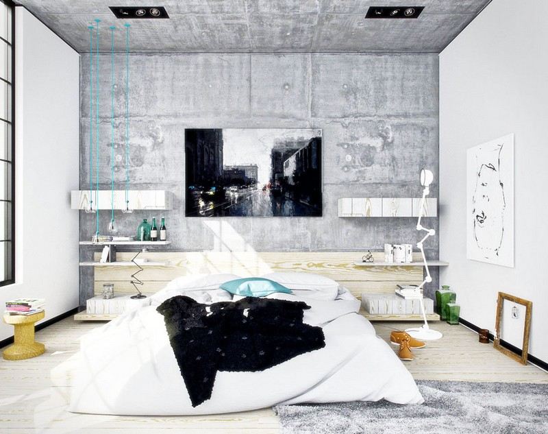 Nápady na spálňu biely-vystavený betón-stena-industriálny štýl