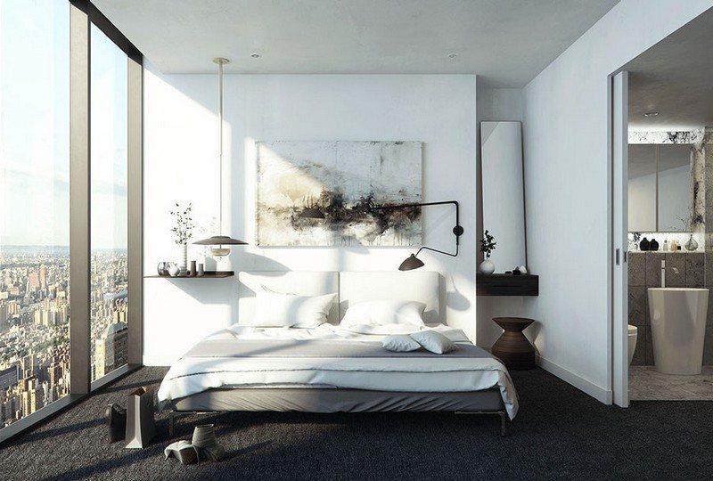 Spálňa-nápady-biela-moderná-obraz-koberec