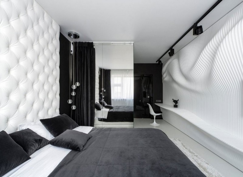 Spálňa-nápady-biela-čierna-záclony-Chesterfield-čelo postele