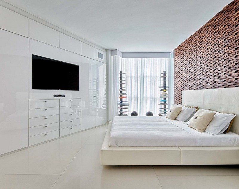 Nápady do spálne biela drevená stena obklady z prírodného kameňa vysoký lesk