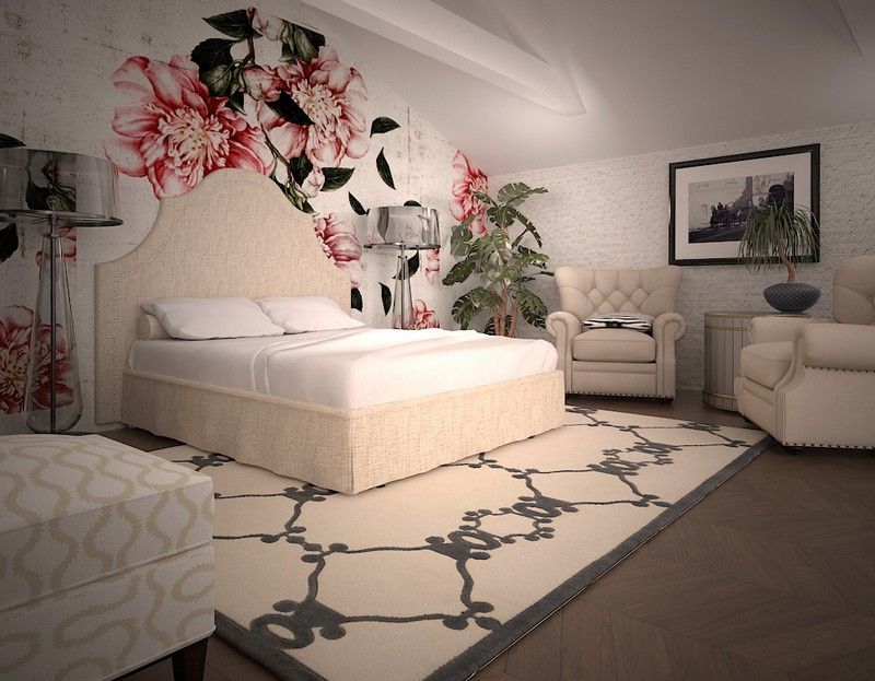 Spálňa-nápady-biela-tapeta-kvetinový-vzor-vinobranie-nábytok