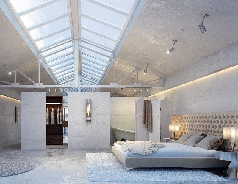 Spálňa-nápady-biela-priemyselný štýl-moderný dizajn