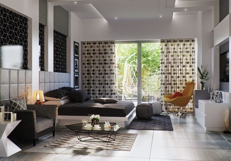 Nápady na spálňu -šedá-biela-čierna-geometrický vzor