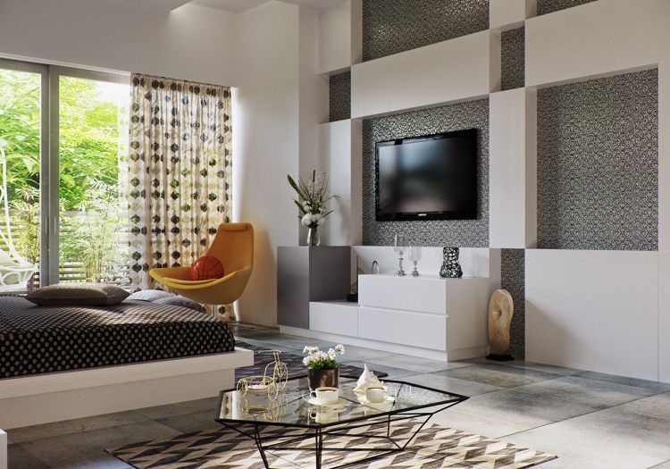 nápady na spálňu-sivá-biela-čierna-individuálne navrhnuté-skriňový-systém-tv