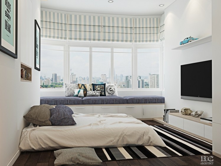 malá spálňa-nápady-biela-salvia-zelená-lavička-okno-úložný-priestor