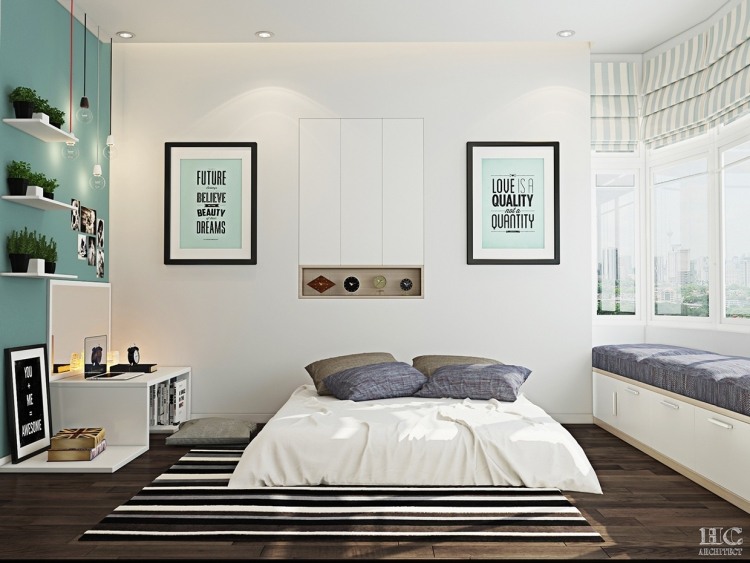 malá spálňa-nápady-biela-modrá-zelená-tmavá-drevená podlaha