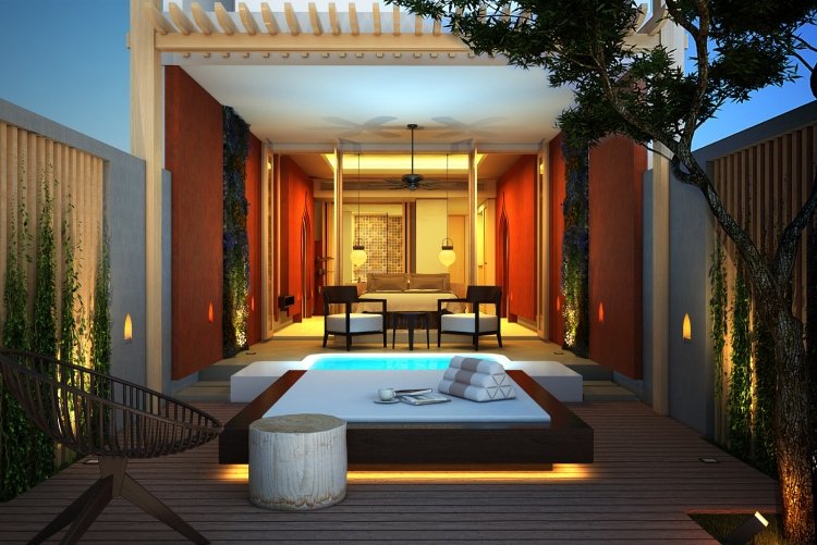 otvorený dizajn spálne s priamym vstupom do záhrady Spálňa s vírivkou-vonkajšia posteľ-otvorený priestor-nepriame osvetlenie-baldachýn