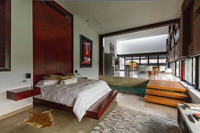 spálňa otvorený plán obývacia izba plávajúca posteľ spálňa-otvorený-plán-obývacia časť-plávajúca posteľ