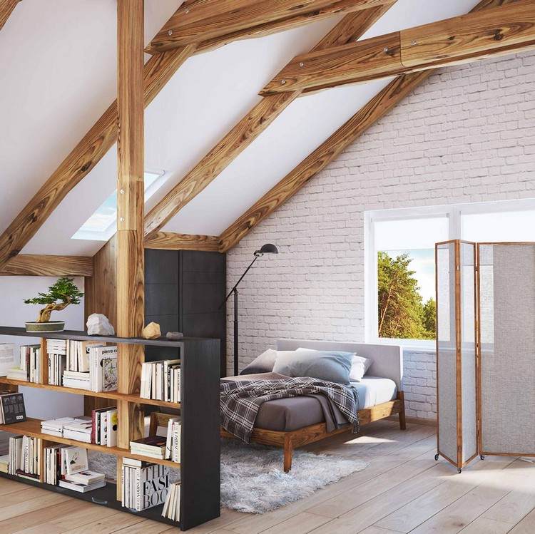 Dizajn spálne šikmý strop-biela-tehlová-stena-polička-priečka do miestnosti