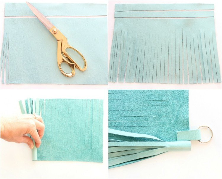 Vyrobte si vlastnú kľúčenku-nožnice-kožené-okrajové-odrezané-rolujúce-prstene-kov-mätu