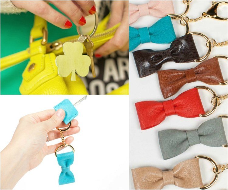 Vyrobte si kľúčenky sami kožené stužky-farebná-kabelka-žltá-ruka-ďatelina