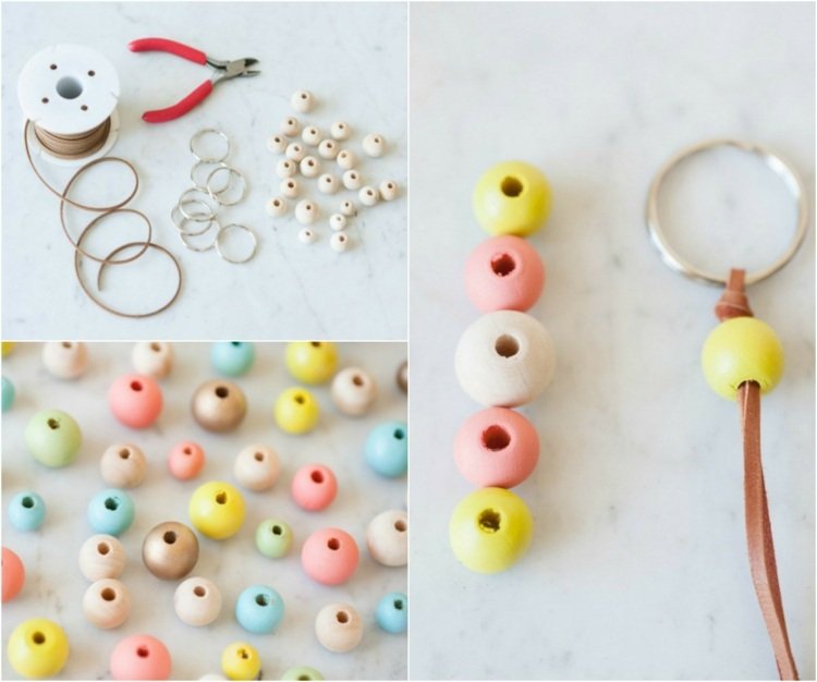 kľúčenka-vyrobte si-drevené-korálky-farebné-kožené-šnúrkové-kovové-krúžkové navliekanie
