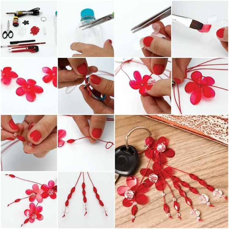 kľúčenka, urob si sám, plastová fľaša, kvetinová sviečka, korálky, nite, nožnice, červená farba