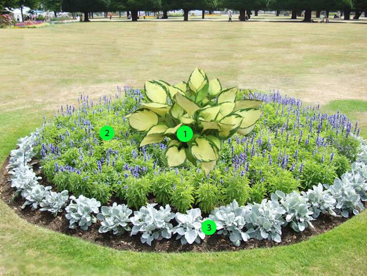 Kvetinový záhon-položenie-kobercového-lôžka-okrúhleho-centrálneho usporiadania schémy