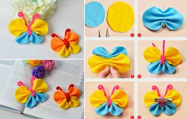 Vyrobte si motýle s detským filcom-tkaninou-žlto-modro-plyšovým drôtom