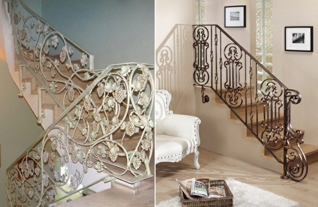 Dostatočne ozdobné zábradlie z tepaného železa Kované zábradlie schody drevené schody stolička ratanový kôš obývacia izba