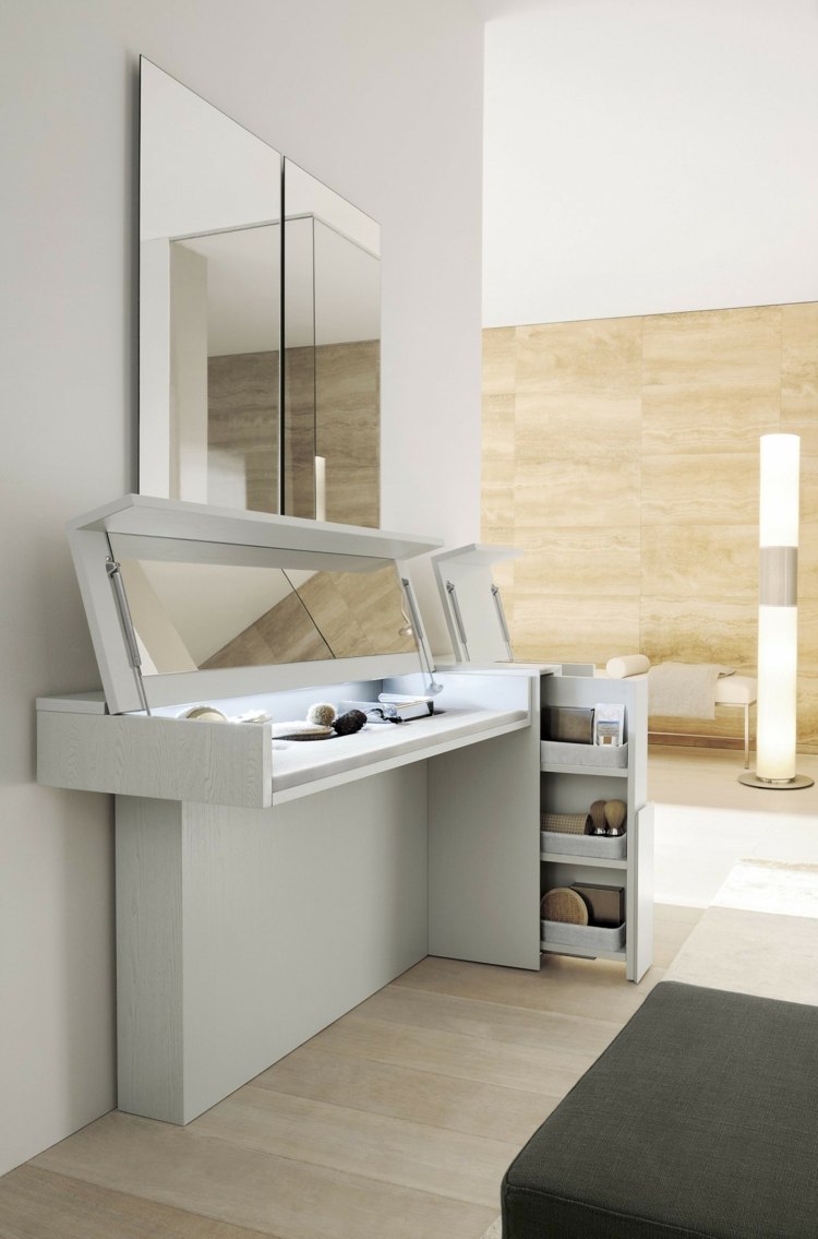 Nápady na toaletný stolík v bielom sklopnom zrkadle, výsuvná skriňa