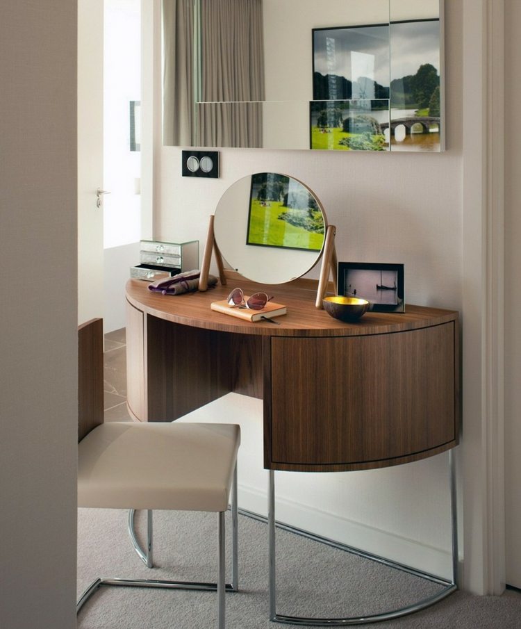 toaletný stolík biela stolička polkruhový dizajn drevené kovové nohy