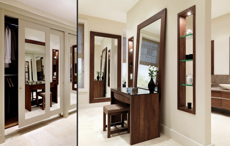 Nápady na toaletný stolík v bielej alchýmii model vstavanej police z hnedého dreva