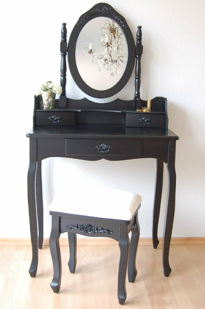 Čierny toaletný stolík vo vidieckom štýle so stoličkou Toaletný stolík v štýle vidieckeho domu