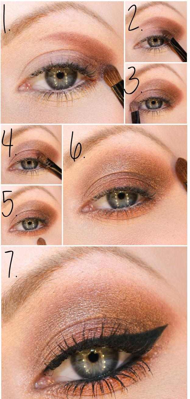 líčenie očných tieňov modré oči bronzová farba očných tieňov modré oči-make-up-bronzovo-farebné-očné tiene-očné linky
