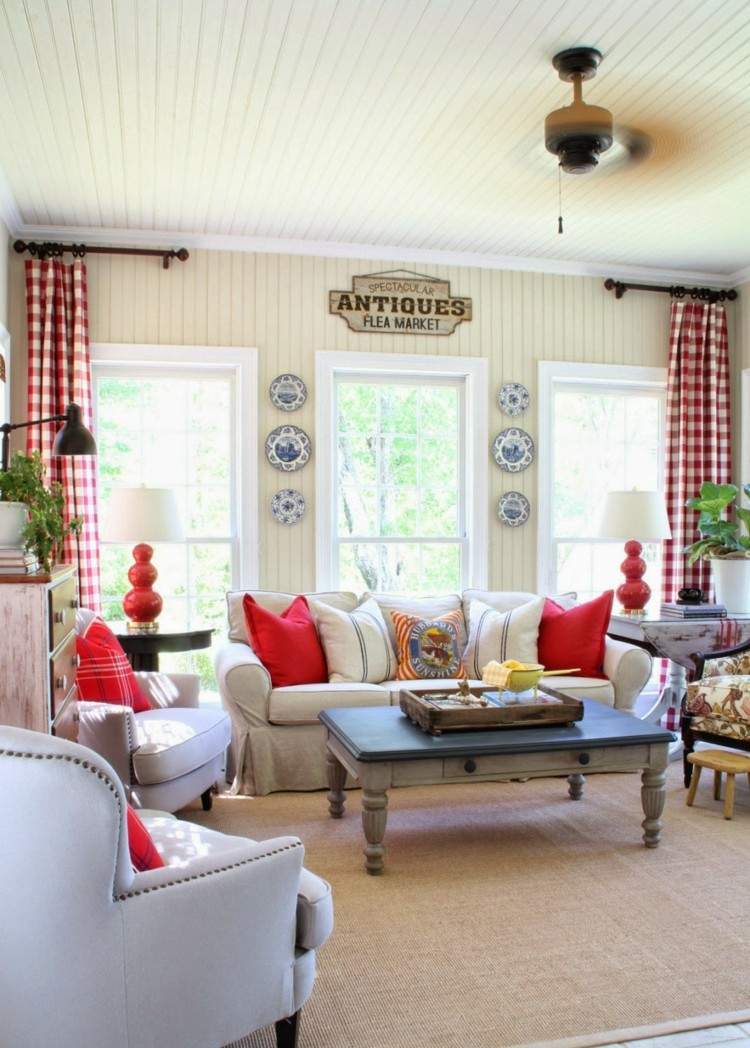 jarná dekorácia červené závesy-kárované-sedacie vankúše-konferenčný stolík-vinobranie-sivá