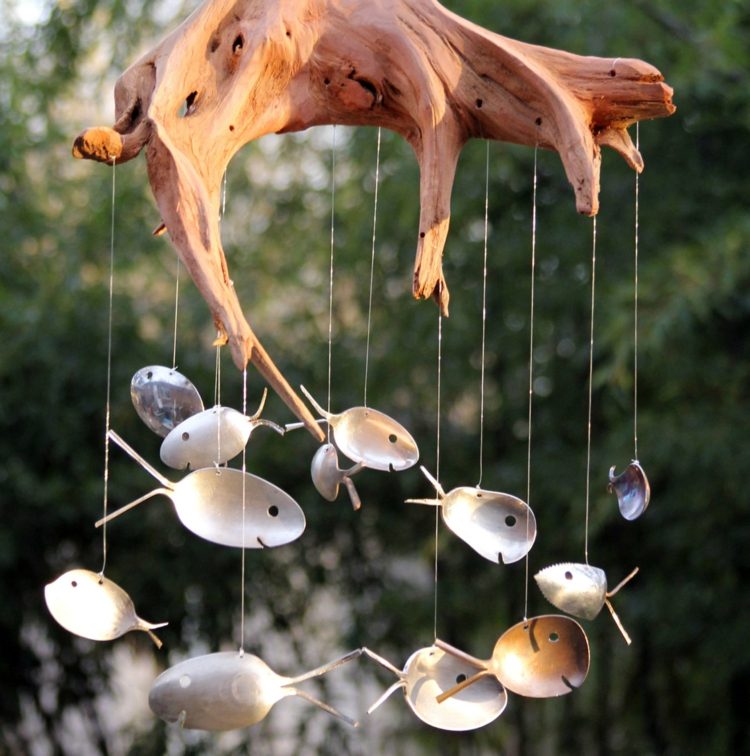 záhradná dekorácia-drevo-korene-vetra-zvonkohra-lyžička-ryba-urob si sám