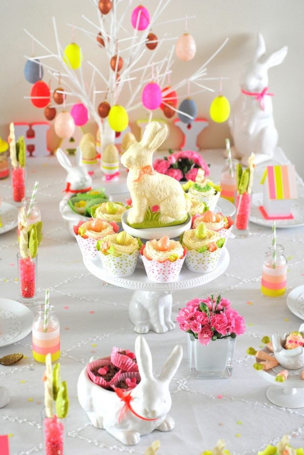 veľkonočné dekorácie stôl nápady nápady slnečné farby zajačiky sochy cukríky