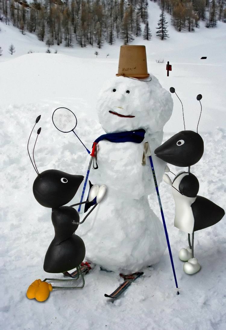 snehuliak stavať mravce figúrky tenisová raketa vedierko klobúk