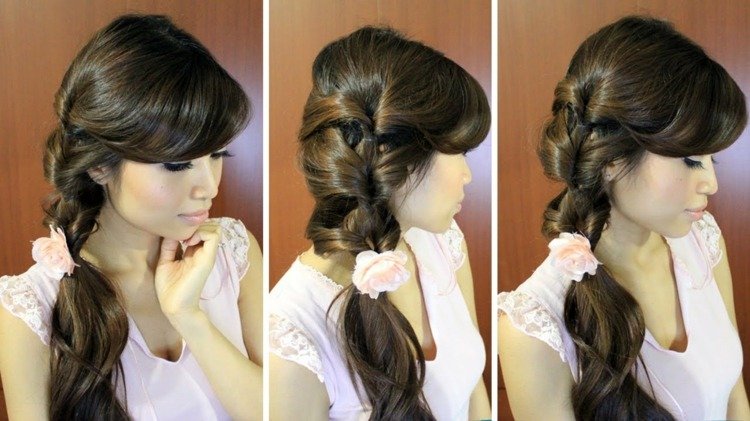 Elegantný variant k bočnému copu elegantný účes pigtail kvetinový doplnok dámy rýchlo