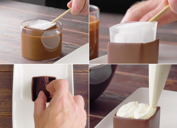 Mliečna čokoláda, sušienky a smotana so smotanou a citrónom a kôrka práškového cukru v čokoládovom pohári